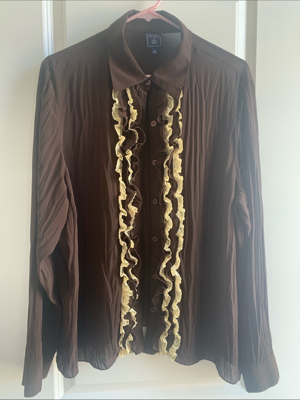 Women's Brown Button-Down Shirt with Cream Ruffle Trim